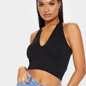 BRAND NEW PrettyLittleThing Black Cotton Blend Halterneck Crop Top